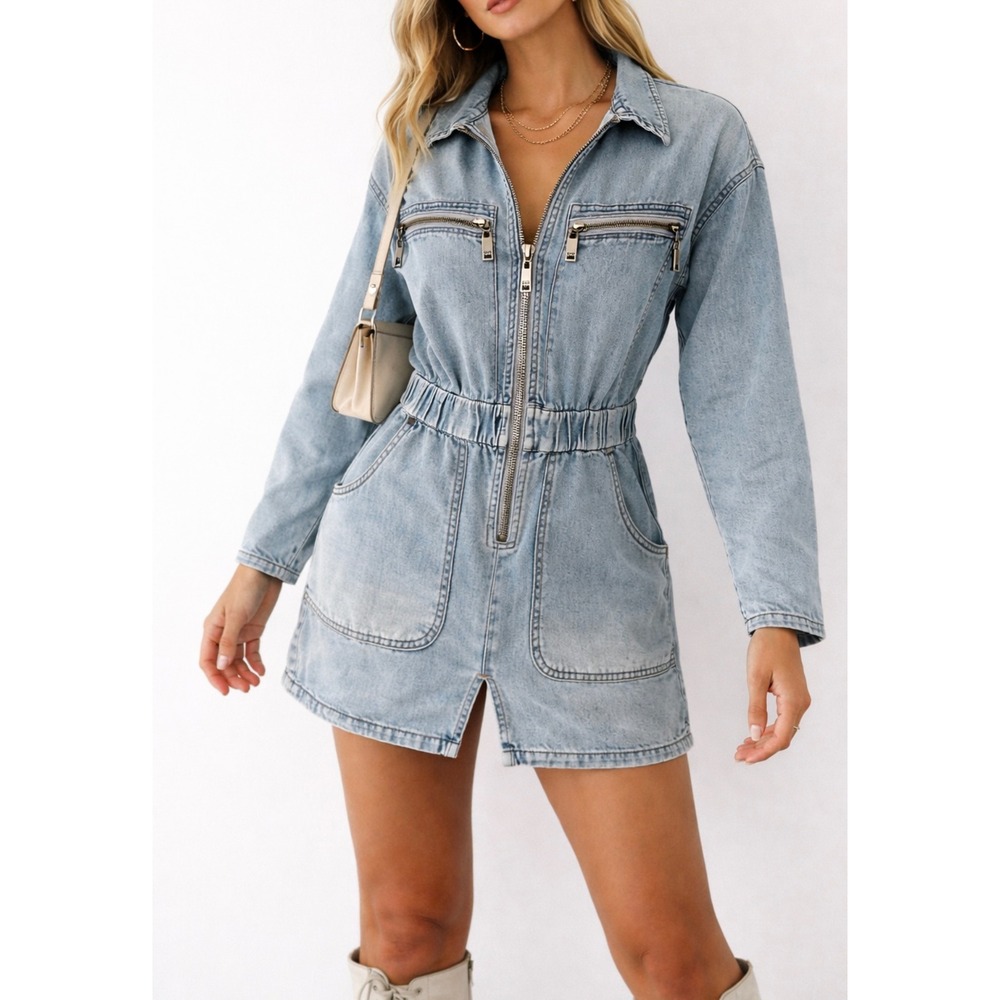 One Teaspoon Denim Mini Dress Size Medium Zip Front Modern Utility Designer